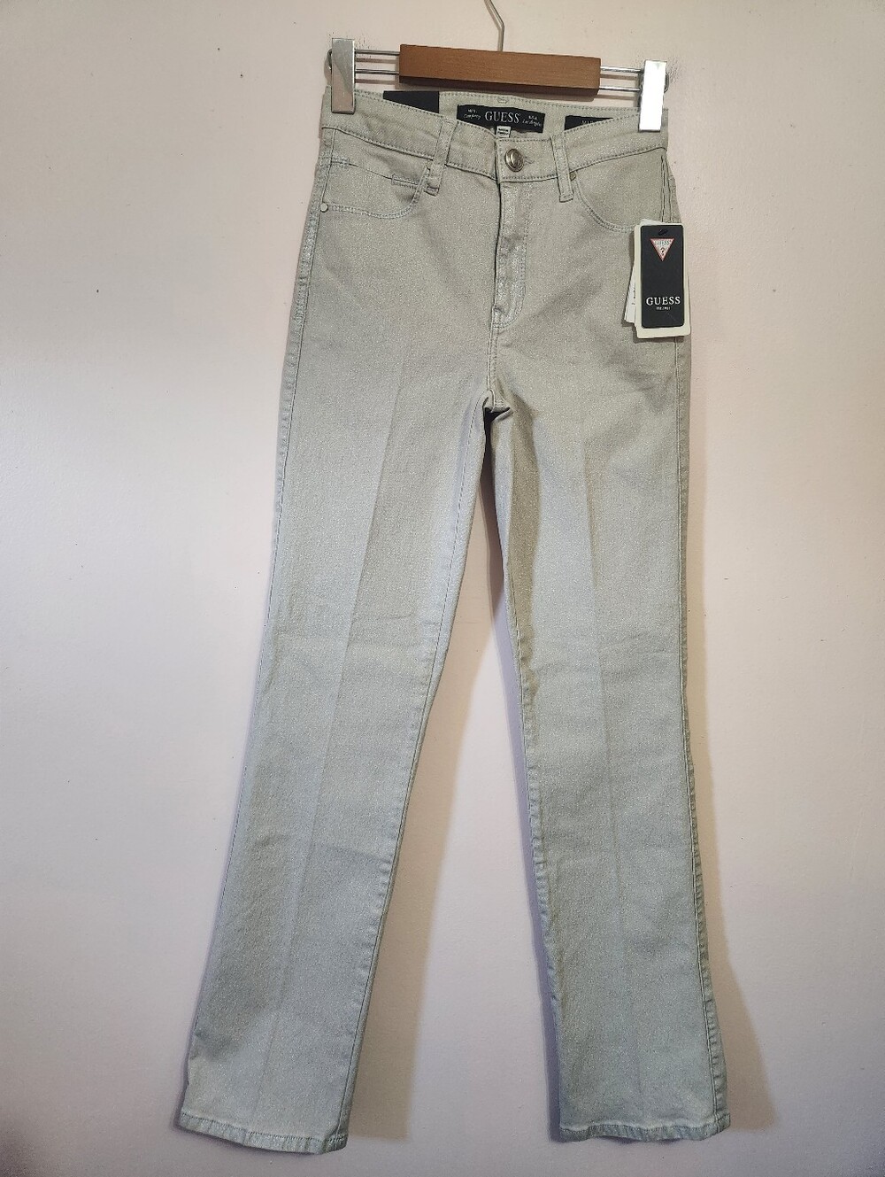 NWT Guess Silver Metallic Mid Rise Sexy Straight Jeans Rhinestone Logo Y2K 27